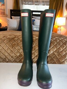 Hunter Dark Green Tall Rain Boots with Purple Soles. Limited edition.